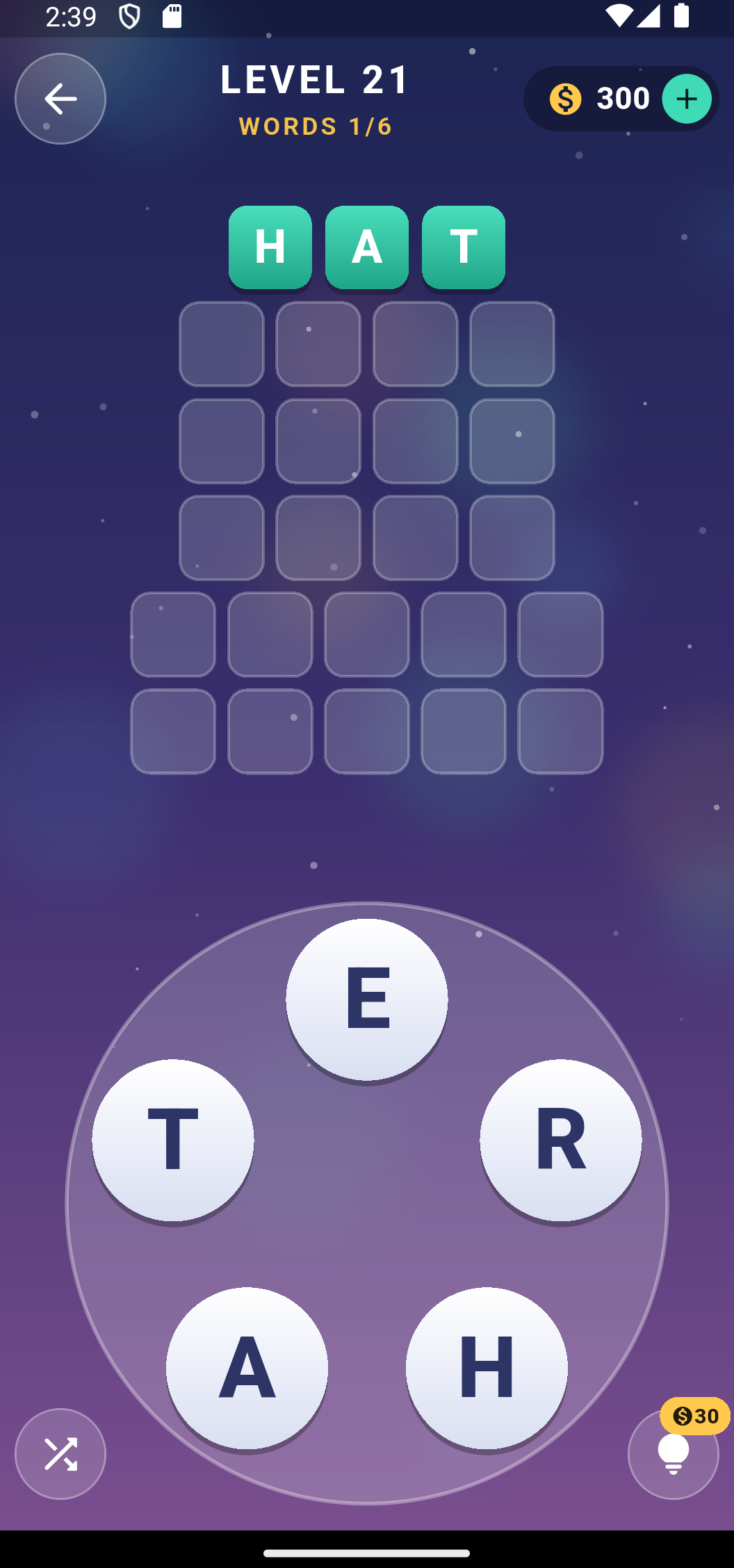 Word Bloom gameplay — swiping letters on the wheel to solve a puzzle